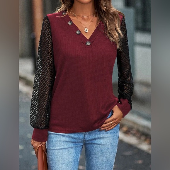 💖 NEW!! Burgundy Lace Sleeve Blouse - Picture 6 of 10